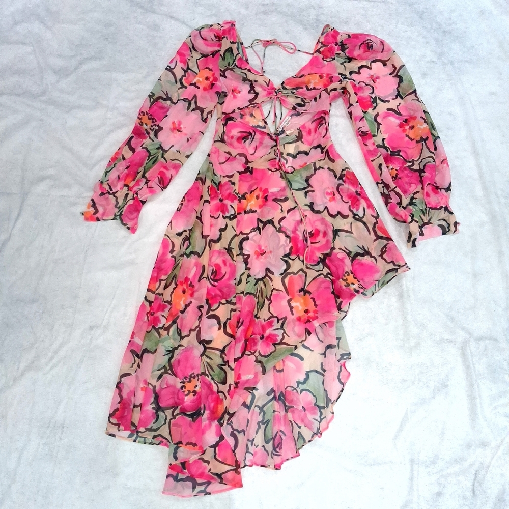 For Love & Lemons Tiana Printed Flowy Ruffles Sheer Tie Front Midi Dress S Pink - Picture 3 of 11